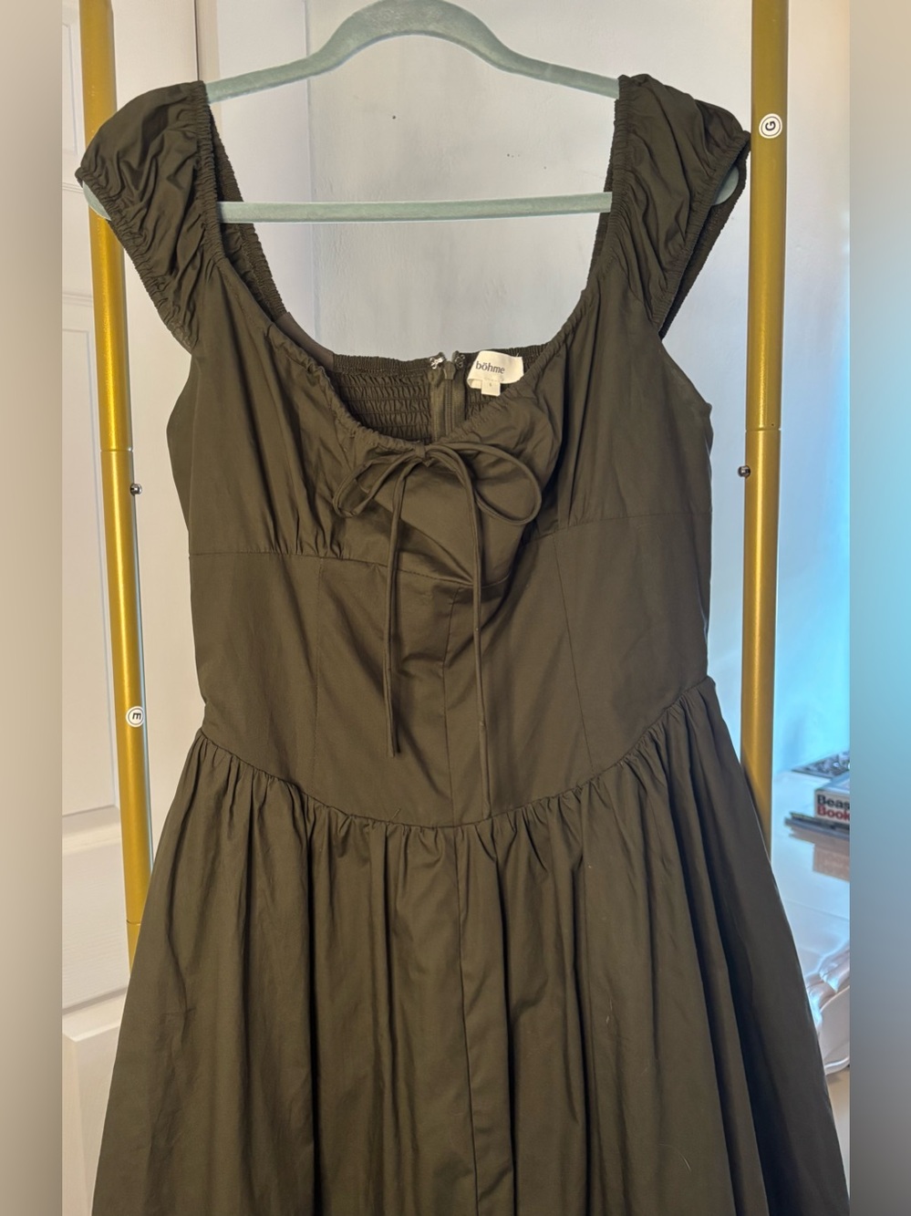 Bohme Patricia Midi Dress in Olive Green Like New Large - Picture 3 of 6